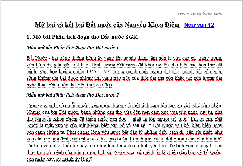 Mở Bài Và Kết Bài Đất Nước Của Nguyễn Khoa Điềm - Giáo Viên Việt Nam